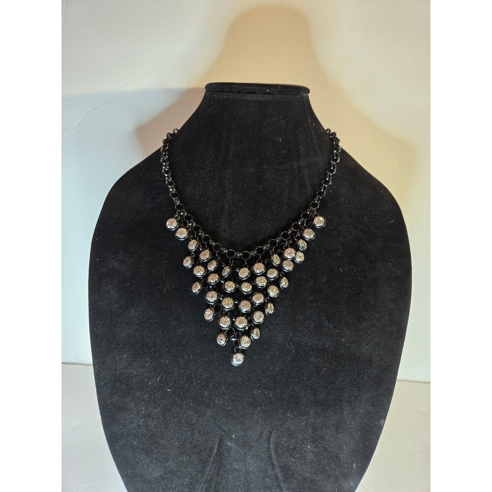 Black Necklace with Large Tiered Clear Rhinestones Adjustable Length
